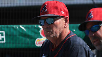 Atlanta Braves manager Brian Snitker (43) watches the game against the Miami Marlins during the fifth inning at Roger Dean Chevrolet Stadium.
