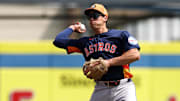 Infielder Brice Matthews throws to first base during 2025 spring training with the Houston Astros.