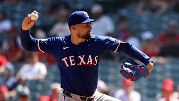 Sep 29, 2024; Anaheim, California, USA;  Texas Rangers starting pitcher Nathan Eovaldi (17) pitches during the third inning against the Los Angeles Angels at Angel Stadium.