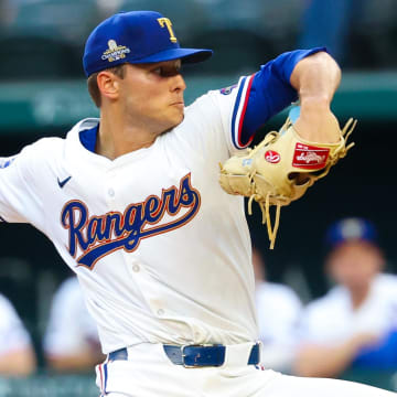 May 14, 2024; Arlington, Texas, USA;  Texas Rangers starting pitcher Jack Leiter (35) throws during the first inning against the Cleveland Guardians at Globe Life Field.