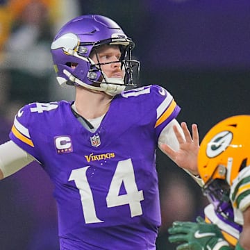 Minnesota Vikings quarterback Sam Darnold passes against Green Bay Packers in the second quarter at U.S. Bank Stadium in Minneapolis on Dec. 29, 2024.