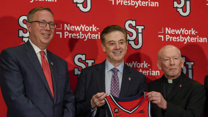 St. John's Introduces Rick Pitino; St. John's basketball head coach Rick Pitino with athletic director Mike Cragg and President Rev. Brian Shanley