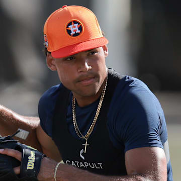 Feb 14, 2025; West Palm Beach, FL, USA; Houston Astros infielder Cam Smith (90) works out during spring training at CACTI Park of the Palm Beaches.