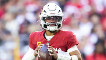 Jan 5, 2025; Glendale, Arizona, USA; Arizona Cardinals quarterback Kyler Murray (1) against the San Francisco 49ers at State Farm Stadium. Mandatory Credit: Mark J. Rebilas-Imagn Images