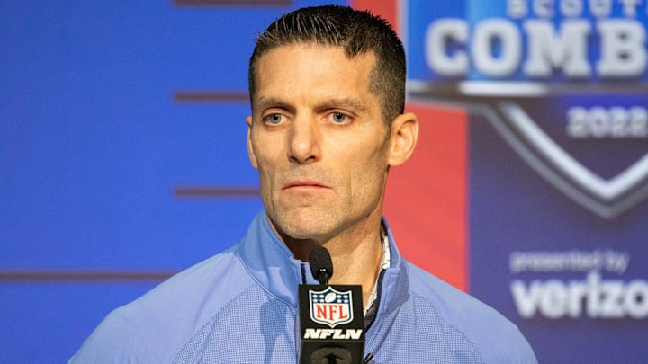 Mar 1, 2022; Indianapolis, IN, USA; Houston Texans general manager Nick Caserio talks to the media during the 2022 NFL Combine. Mandatory Credit: Trevor Ruszkowski-Imagn Images