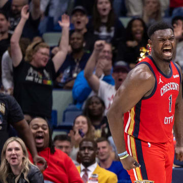 Nov 20, 2023; New Orleans, Louisiana, USA;  New Orleans Pelicans forward Zion Williamson (1) reacts to dunking the ball against the Sacramento Kings during the second half at the Smoothie King Center. 