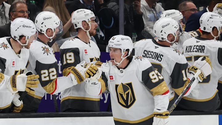 May 1, 2026; Salt Lake City, Utah, USA; Vegas Golden Knights right wing Mitch Marner (93) celebrates with teammates after scoring a goal against the Utah Mammoth during the second period in game six of the first round of the 2026 Stanley Cup Playoffs at Delta Center. Mandatory Credit: Rob Gray-Imagn Images