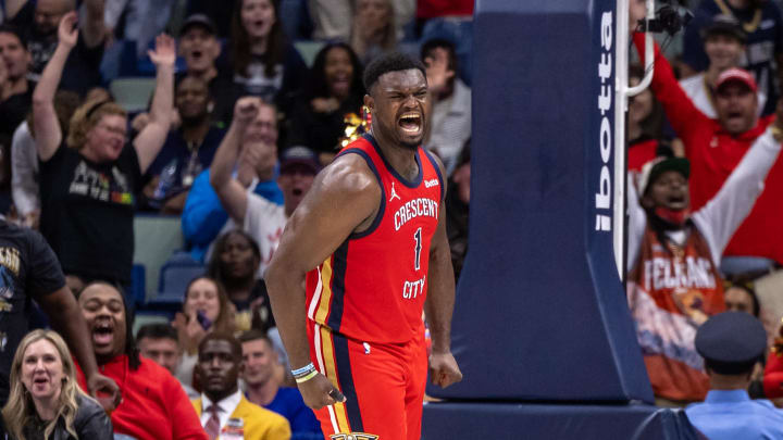 Nov 20, 2023; New Orleans, Louisiana, USA;  New Orleans Pelicans forward Zion Williamson (1) reacts to dunking the ball against the Sacramento Kings during the second half at the Smoothie King Center. 