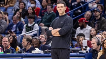 Jan 26, 2024; New Orleans, Louisiana, USA; Oklahoma City Thunder head coach Mark Daigneault looks on against the New Orleans Pelicans during the first half at Smoothie King Center. Mandatory Credit: Stephen Lew-USA TODAY Sports