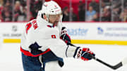 May 10, 2025; Raleigh, North Carolina, USA; Washington Capitals left wing Alex Ovechkin (8) takes a shot against the Carolina Hurricanes during the second period in game three of the second round of the 2025 Stanley Cup Playoffs at Lenovo Center. Mandatory Credit: James Guillory-Imagn Images