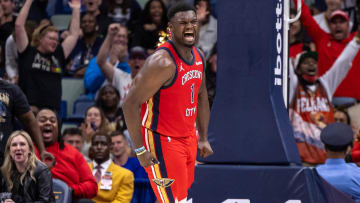 Nov 20, 2023; New Orleans, Louisiana, USA;  New Orleans Pelicans forward Zion Williamson (1) reacts to dunking the ball against the Sacramento Kings during the second half at the Smoothie King Center.