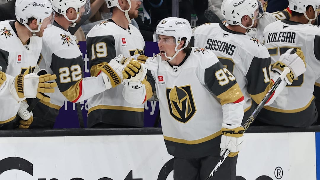 May 1, 2026; Salt Lake City, Utah, USA; Vegas Golden Knights right wing Mitch Marner (93) celebrates with teammates after scoring a goal against the Utah Mammoth during the second period in game six of the first round of the 2026 Stanley Cup Playoffs at Delta Center. Mandatory Credit: Rob Gray-Imagn Images