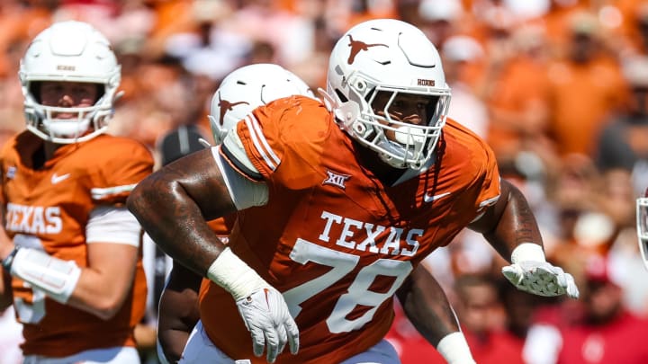 Oct 7, 2023; Dallas, Texas, USA;  Texas Longhorns offensive lineman Kelvin Banks Jr. (78) blocks during the game against the Oklahoma Sooners at the Cotton Bowl. Mandatory Credit: Kevin Jairaj-USA TODAY Sports