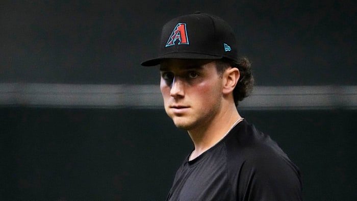 Arizona Diamondbacks starting pitcher Brandon Pfaadt (32) during workouts prior to Game 3 against the Texas Rangers.