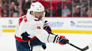 May 10, 2025; Raleigh, North Carolina, USA; Washington Capitals left wing Alex Ovechkin (8) takes a shot against the Carolina Hurricanes during the second period in game three of the second round of the 2025 Stanley Cup Playoffs at Lenovo Center. Mandatory Credit: James Guillory-Imagn Images