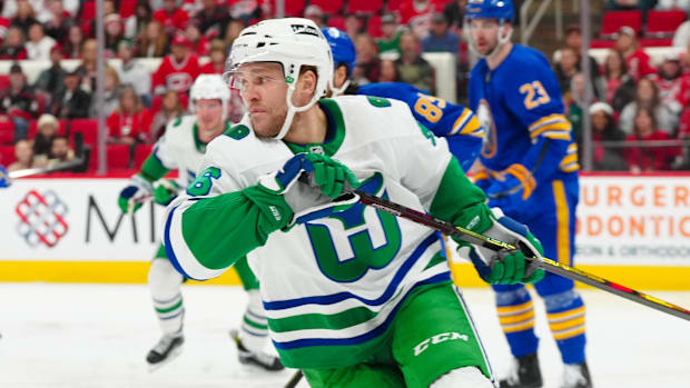 Carolina Hurricanes forward Mikko Rantanen skates against the Buffalo Sabres