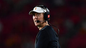 Sep 20, 2025; Los Angeles, California, USA; Southern California Trojans head coach Lincoln Riley watches game action against the Michigan State Spartans during the second half at the Los Angeles Memorial Coliseum. Mandatory Credit: Gary A. Vasquez-Imagn Images