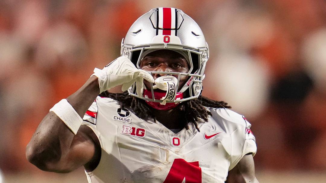 Ohio State Buckeyes wide receiver Jeremiah Smith (4) celebrates a catch during the NCAA football game against the Texas Longhorns at Darrell K Royal–Texas Memorial Stadium in Austin, Texas on Sept. 12, 2026.