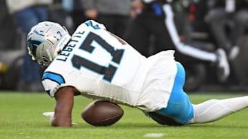 Dec 8, 2024; Philadelphia, Pennsylvania, USA;  Carolina Panthers wide receiver Xavier Legette (17) can't hang onto the pass late during the fourth quarter against the Philadelphia Eagles at Lincoln Financial Field. Mandatory Credit: Eric Hartline-Imagn Images