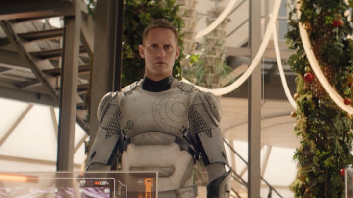 Alexander Skarsgård and David Dastmalchian in "Murderbot," premiering May 16, 2025 on Apple TV+.