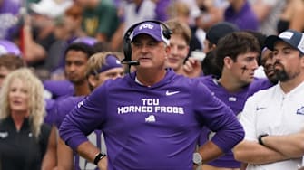 Oct 18, 2025; Fort Worth, Texas, USA; TCU Horned Frogs head coach Sonny Dykes on the sidelines during the first half of a game against the Baylor Bears at Amon G. Carter Stadium. Mandatory Credit: Raymond Carlin III-Imagn Images