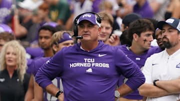 Oct 18, 2025; Fort Worth, Texas, USA; TCU Horned Frogs head coach Sonny Dykes on the sidelines during the first half of a game against the Baylor Bears at Amon G. Carter Stadium. Mandatory Credit: Raymond Carlin III-Imagn Images