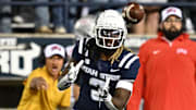 Oct 11, 2024; Logan, Utah, USA;  Utah State Aggies running back Rahsul Faison (3) catches a pass in the second half against the UNLV Rebels at Merlin Olsen Field at Maverik Stadium. Mandatory Credit: Jamie Sabau-Imagn Images