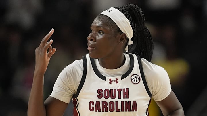 Mar 6, 2026; Greenville, SC, USA; South Carolina Gamecocks center Madina Okot (11) signals her three point shot to her bench  during the first half against the Kentucky Wildcats at Bon Secours Wellness Arena. Mandatory Credit: Jim Dedmon-Imagn Images
