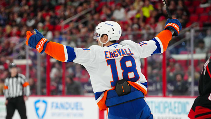 New York Islanders left wing Pierre Engvall celebrates after scoring a goal vs. the Carolina Hurricanes