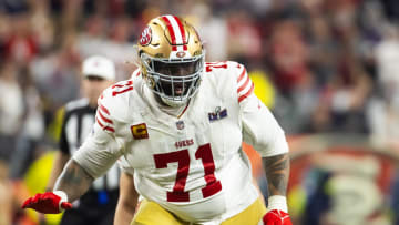 Feb 11, 2024; Paradise, Nevada, USA; San Francisco 49ers defensive end Trent Williams (71) against the Kansas City Chiefs in Super Bowl LVIII at Allegiant Stadium. Mandatory Credit: Mark J. Rebilas-USA TODAY Sports