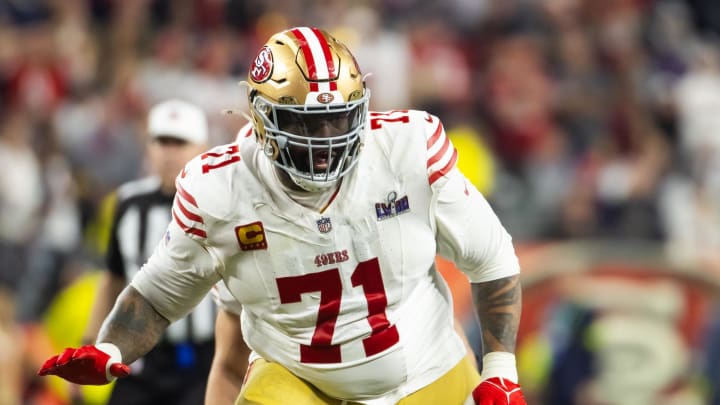 Feb 11, 2024; Paradise, Nevada, USA; San Francisco 49ers defensive end Trent Williams (71) against the Kansas City Chiefs in Super Bowl LVIII at Allegiant Stadium. Mandatory Credit: Mark J. Rebilas-USA TODAY Sports