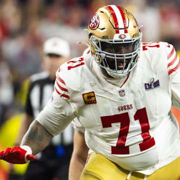 Feb 11, 2024; Paradise, Nevada, USA; San Francisco 49ers defensive end Trent Williams (71) against the Kansas City Chiefs in Super Bowl LVIII at Allegiant Stadium. Mandatory Credit: Mark J. Rebilas-Imagn Images