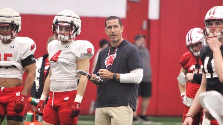 Wisconsin football coach Luke Fickell watches practice on Tuesday April 9, 2024, at the McClain Center in Madison, Wis.