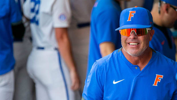 Florida head coach Kevin O'Sullivan celebrates the win of the NCAA Regionals  game against Texas Tech, Monday, June 5, 2023, at Condron Family Ballpark in Gainesville, Florida. Florida beat Texas Tech 6-0 and advances to Super Regionals. [Cyndi Chambers/ Gainesville Sun] 2023