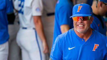 Florida head coach Kevin O'Sullivan celebrates the win of the NCAA Regionals  game against Texas Tech, Monday, June 5, 2023, at Condron Family Ballpark in Gainesville, Florida. Florida beat Texas Tech 6-0 and advances to Super Regionals. [Cyndi Chambers/ Gainesville Sun] 2023