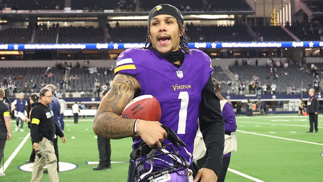 Dec 14, 2025; Arlington, Texas, USA; Minnesota Vikings wide receiver Jalen Nailor (1) celebrates after a game against the Dallas Cowboys at AT&T Stadium. Mandatory Credit: Kevin Jairaj-Imagn Images
