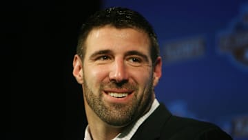 2008: Patriots linebacker Mike Vrabel talks to the media this afternoon.