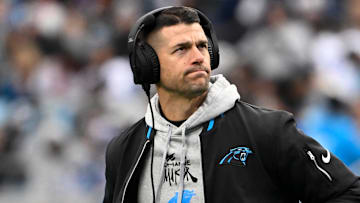 Dec 15, 2024; Charlotte, North Carolina, USA; Carolina Panthers head coach Dave Canales in the second quarter at Bank of America Stadium. Mandatory Credit: Bob Donnan-Imagn Images