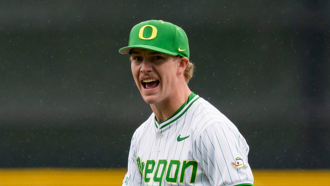 Oregon right-handed pitcher Collin Clarke celebrates a strike-out as the Oregon Ducks host the George Mason Patriots on Feb. 14, 2026, at PK Park in Eugene, Oregon. Oregon right-handed pitcher Collin Clarke celebrates a strike-out as the Oregon Ducks host the George Mason Patriots on Feb. 14, 2026, at PK Park in Eugene, Oregon.
