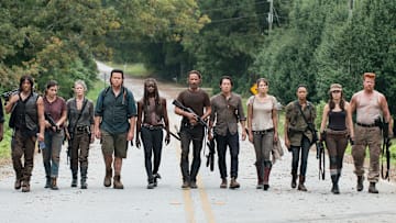Tyler James Williams as Noah, Seth Gilliam as Father Gabriel, Norman Reedus as Daryl Dixon, Alanna Masterson as Tara Chambler, Melissa McBride as Carol Peletier, Josh McDermitt as Dr. Eugene Porter, Danai Gurira as Michonne, Andrew Lincoln as Rick Grimes, Steven Yeun as Glenn Rhee, Lauren Cohan as Maggie Greene, Sonequa Martin-Green as Sasha, Christian Serratos as Rosita Espinosa, Michael Cudlitz as Abraham and Chandler Riggs as Carl Grimes - The Walking Dead _ Season 5, Episode 10 - Photo
