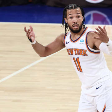 Apr 20, 2024; New York, New York, USA; New York Knicks guard Jalen Brunson (11) reacts after not getting a call in the first quarter during game one of the first round for the 2024 NBA playoffs against the Philadelphia 76ers at Madison Square Garden. Mandatory Credit: Wendell Cruz-USA TODAY Sports