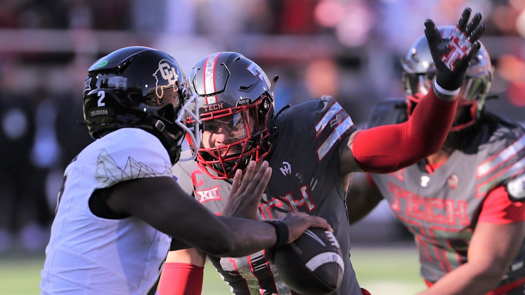 Texas Tech's Jacob Rodriguez rushes Colorado quarterback Shedeur Sanders in a Big 12 football game Saturday, Nov. 9, 2024, at Jones AT&T Stadium.