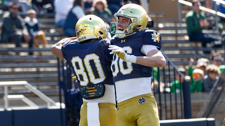 Apr 12, 2025; Notre Dame, IN, USA; Notre Dame Fighting Irish wide receiver Xavier Southall (80) and Notre Dame Fighting Irish wide receiver Alex Whitman (86) celebrate during the Blue-Gold game at Notre Dame Stadium. Mandatory Credit: Michael Caterina-Imagn Images
