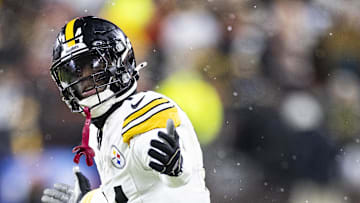 Nov 21, 2024; Cleveland, Ohio, USA; Pittsburgh Steelers wide receiver George Pickens (14) reacts during the second quarter against the Cleveland Browns at Huntington Bank Field Stadium. Mandatory Credit: Scott Galvin-Imagn Images