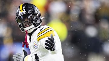 Nov 21, 2024; Cleveland, Ohio, USA; Pittsburgh Steelers wide receiver George Pickens (14) reacts during the second quarter against the Cleveland Browns at Huntington Bank Field Stadium. Mandatory Credit: Scott Galvin-Imagn Images