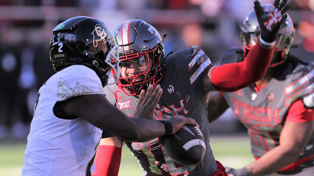 Texas Tech's Jacob Rodriguez rushes Colorado quarterback Shedeur Sanders in a Big 12 football game Saturday, Nov. 9, 2024, at