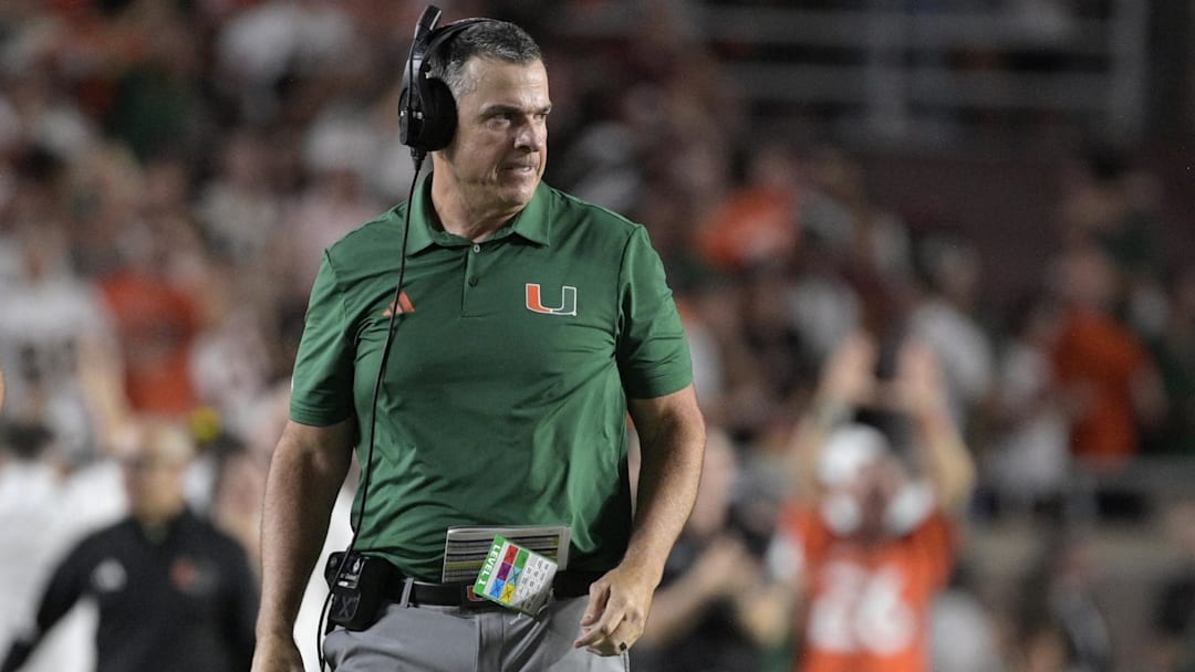 Oct 4, 2025; Tallahassee, Florida, USA; Miami Hurricanes head coach Mario Cristobal during the second half against the Florida State Seminoles at Doak S. Campbell Stadium. Mandatory Credit: Melina Myers-Imagn Images