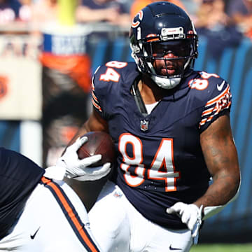 Oct 1, 2023; Chicago, Illinois, USA; Chicago Bears tight end Marcedes Lewis (84) makes a catch against the Denver Broncos during the second half at Soldier Field. 