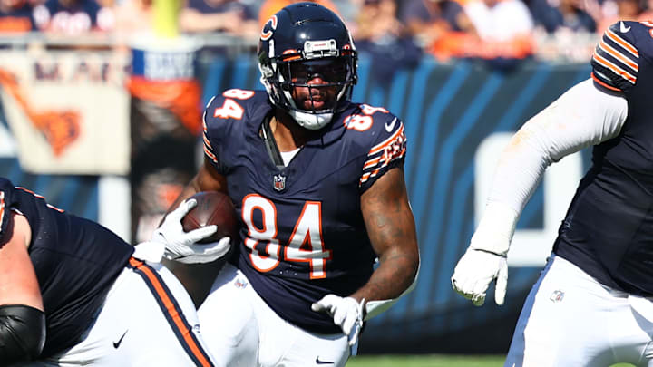 Oct 1, 2023; Chicago, Illinois, USA; Chicago Bears tight end Marcedes Lewis (84) makes a catch against the Denver Broncos during the second half at Soldier Field. Oct 1, 2023; Chicago, Illinois, USA; Chicago Bears tight end Marcedes Lewis (84) makes a catch against the Denver Broncos during the second half at Soldier Field.