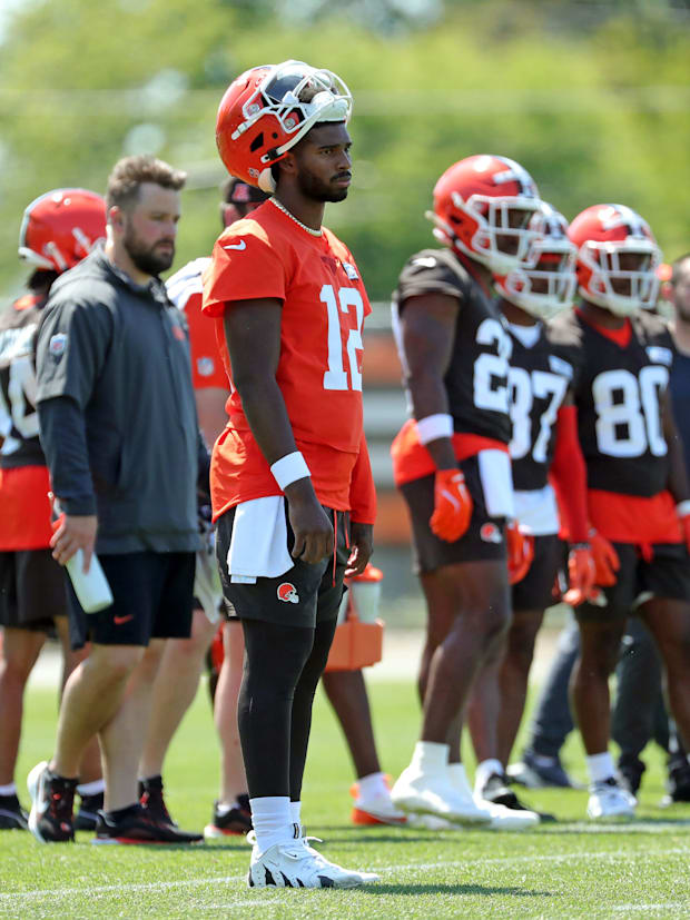 Cleveland Browns quarterback Shedeur Sanders (12) watches from the sideline during day two of NFL rookie minicamp at the Clev